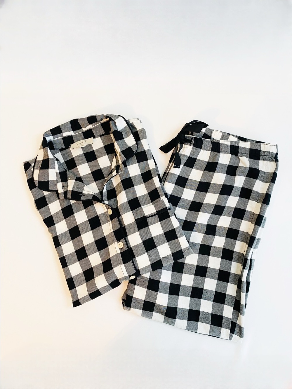 Ann Taylor LOFT Black White Gingham Pajama Set Crop Pants Button Up M NWOT